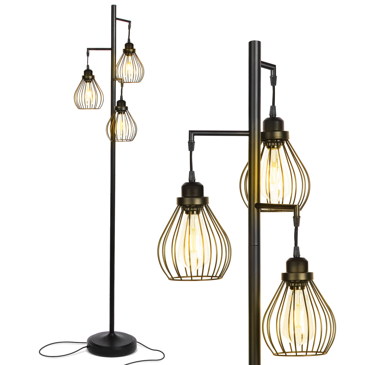 Brightech Teardrop Standing LED Floor Lamp with 3 Cage Heads, Black (2 Pack)