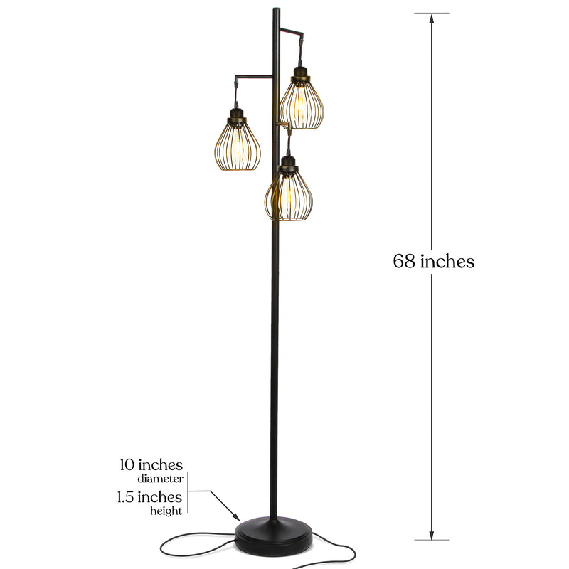 Brightech Teardrop Standing Floor LED Light Lamp Pole with 3 Cage Heads, Black