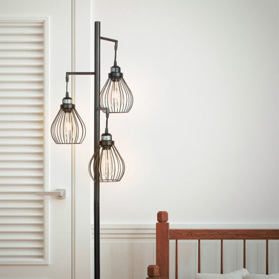 Brightech Teardrop Standing Floor LED Light Lamp Pole with 3 Cage Heads, Black - VMInnovations