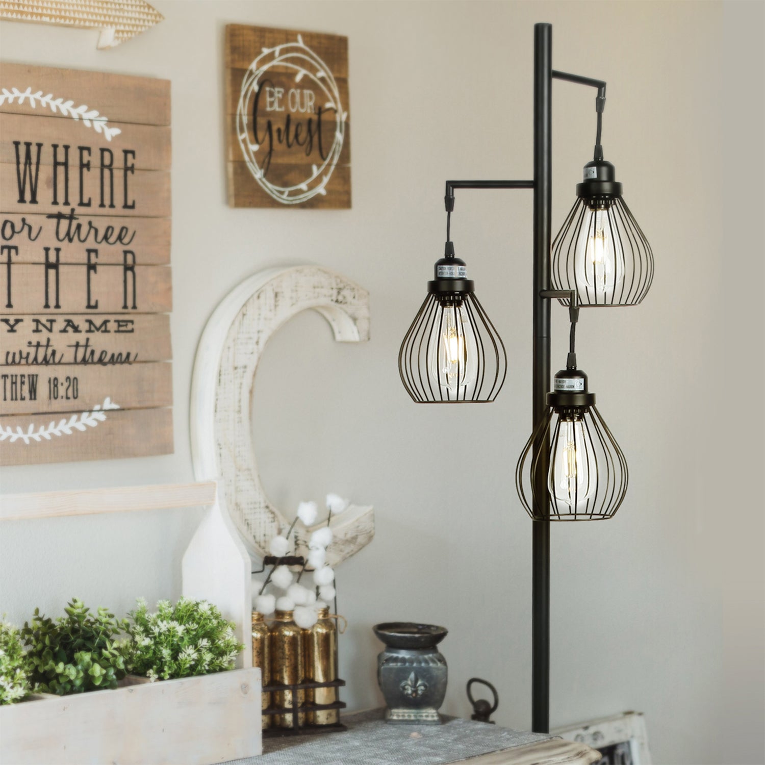 Brightech Teardrop Standing Floor LED Light Lamp Pole with 3 Cage Heads, Black - VMInnovations