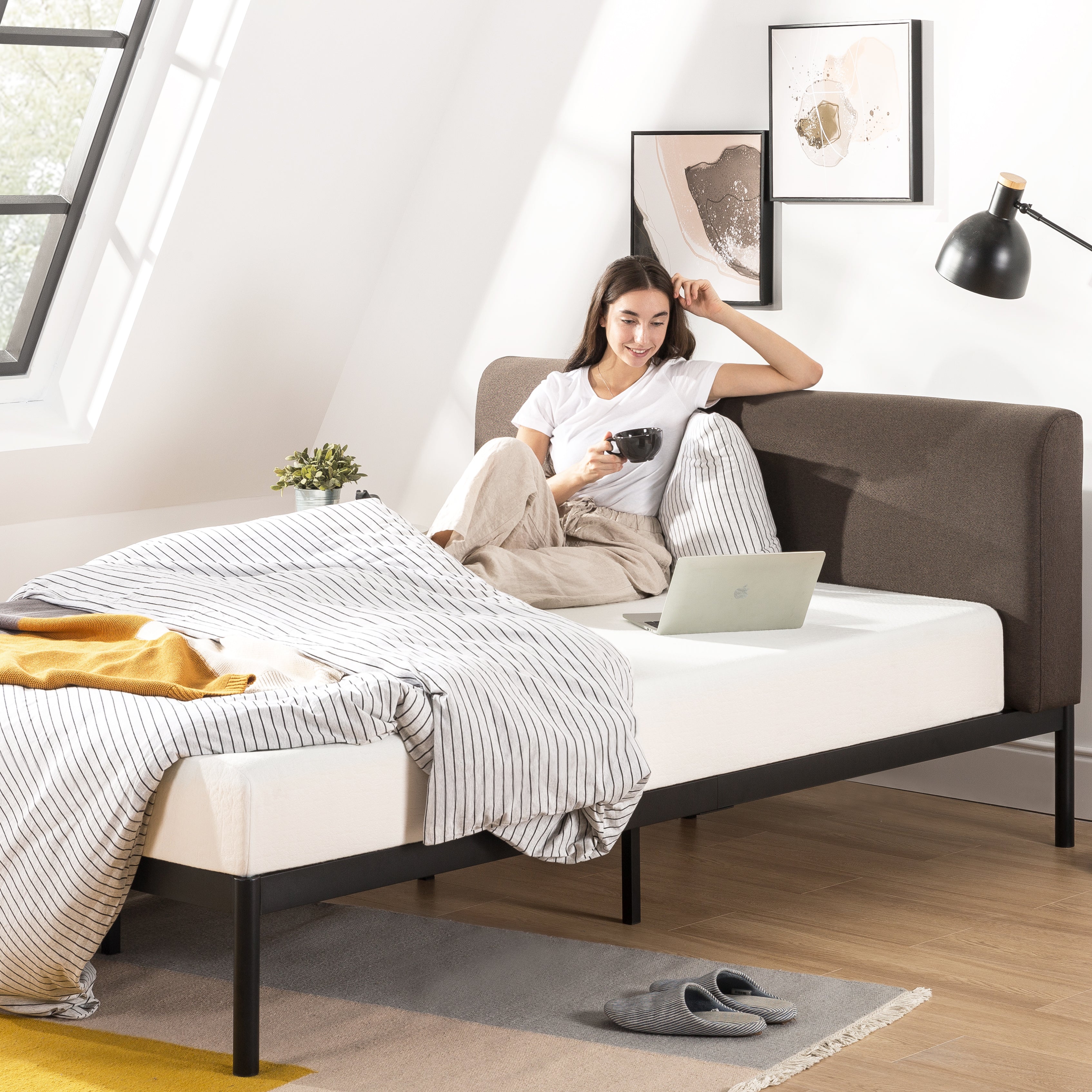 Mellow BREE Metal Platform Bed Frame with Curved Upholstered Backboard(Open Box) - VMInnovations