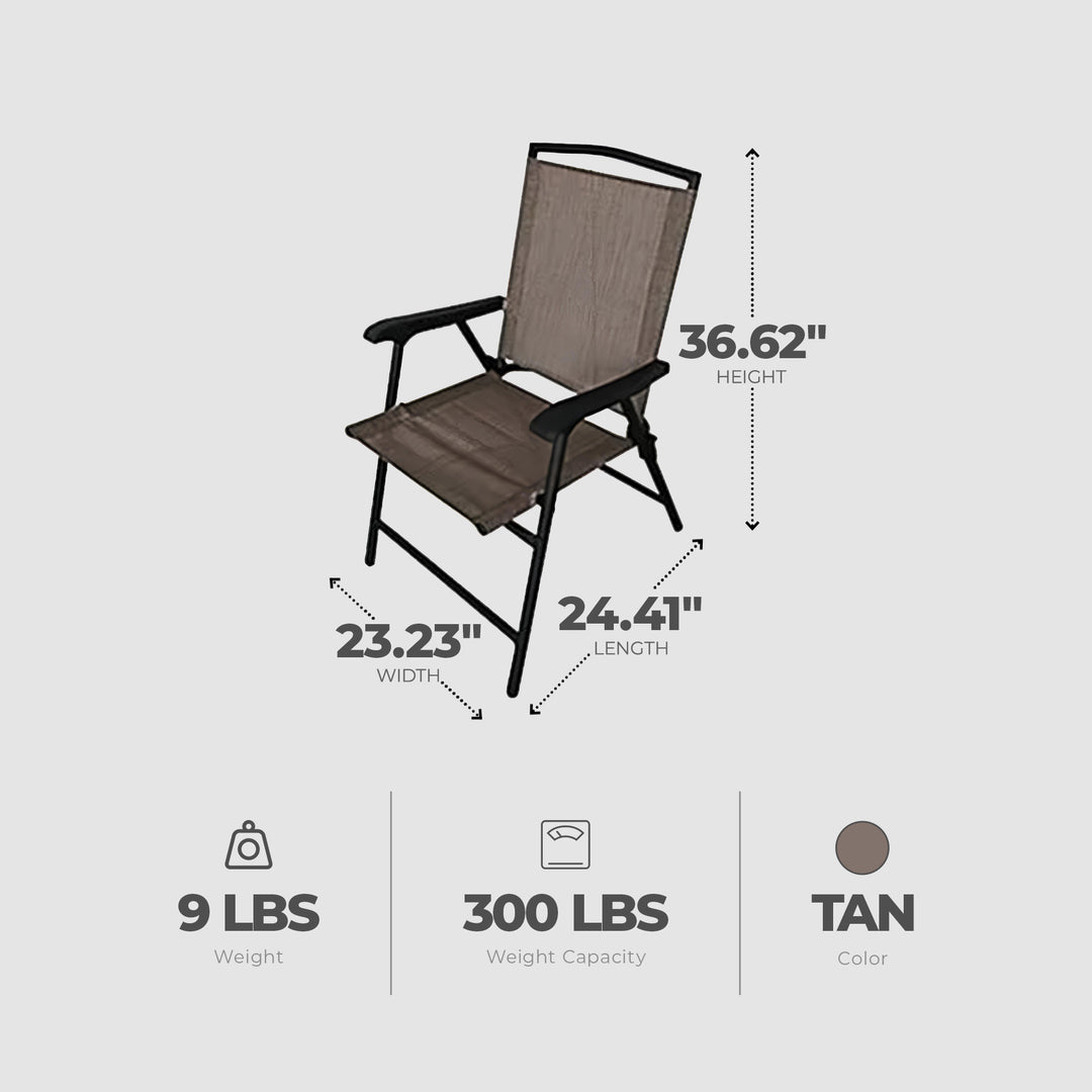 Four Seasons Courtyard Marbella Folding Sling Chair w/Steel Frame, Tan (4 Pack) - VMInnovations