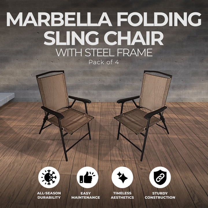 Four Seasons Courtyard Marbella Folding Sling Chair w/Steel Frame, Tan (4 Pack) - VMInnovations