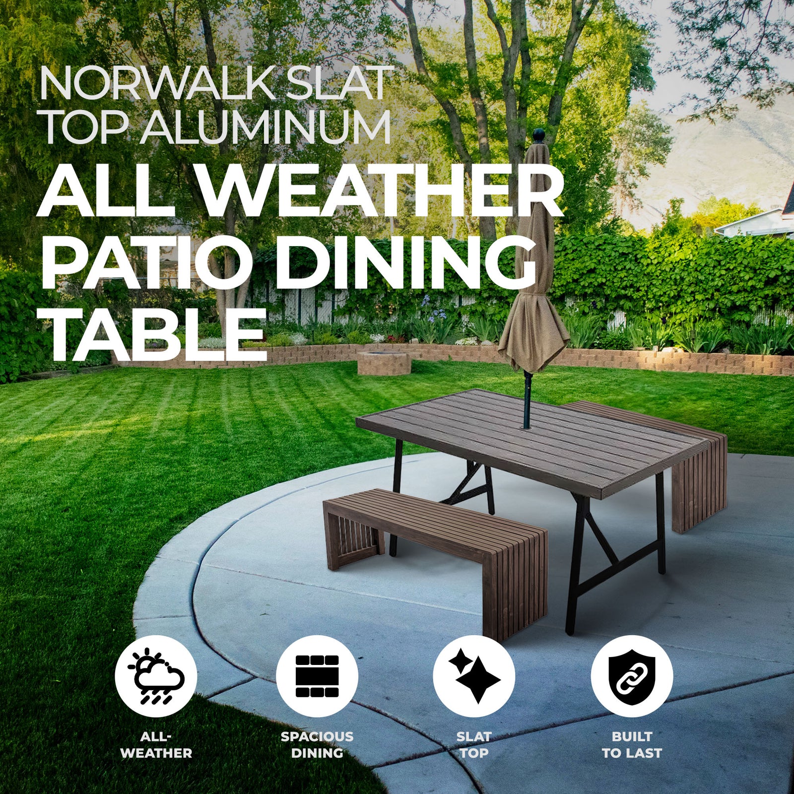 Four Seasons Courtyard Norwalk Slat Top Aluminum All Weather Patio Dining Table - VMInnovations