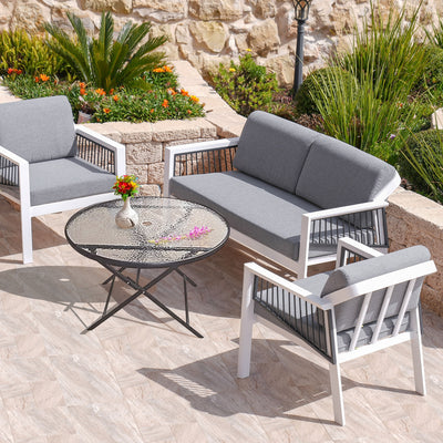 Four Seasons Courtyard Glass Top Dining Table with Umbrella Hole, Black (Used) - VMInnovations