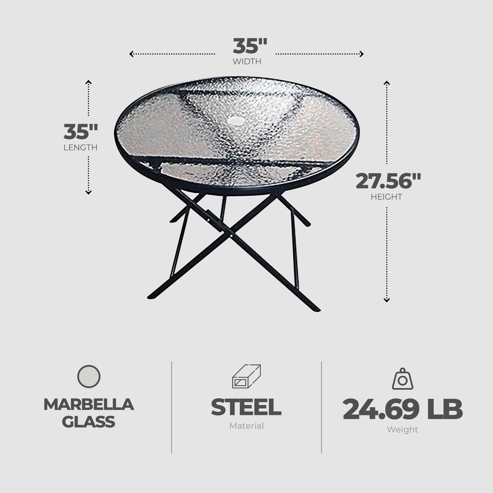 Four Seasons Courtyard Glass Top Dining Table with Umbrella Hole, Black (Used) - VMInnovations