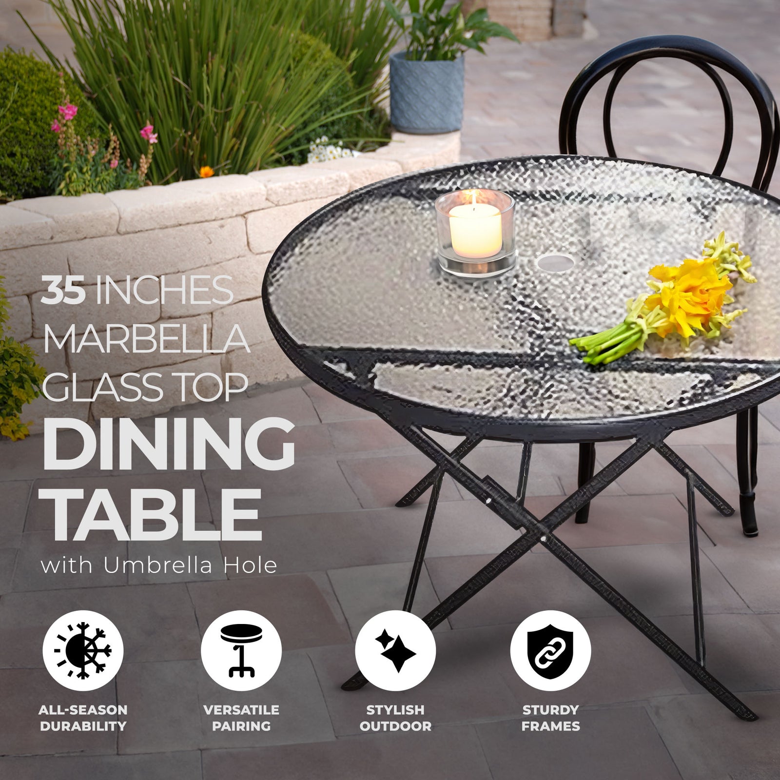 Four Seasons Courtyard Glass Top Dining Table with Umbrella Hole, Black (Used) - VMInnovations