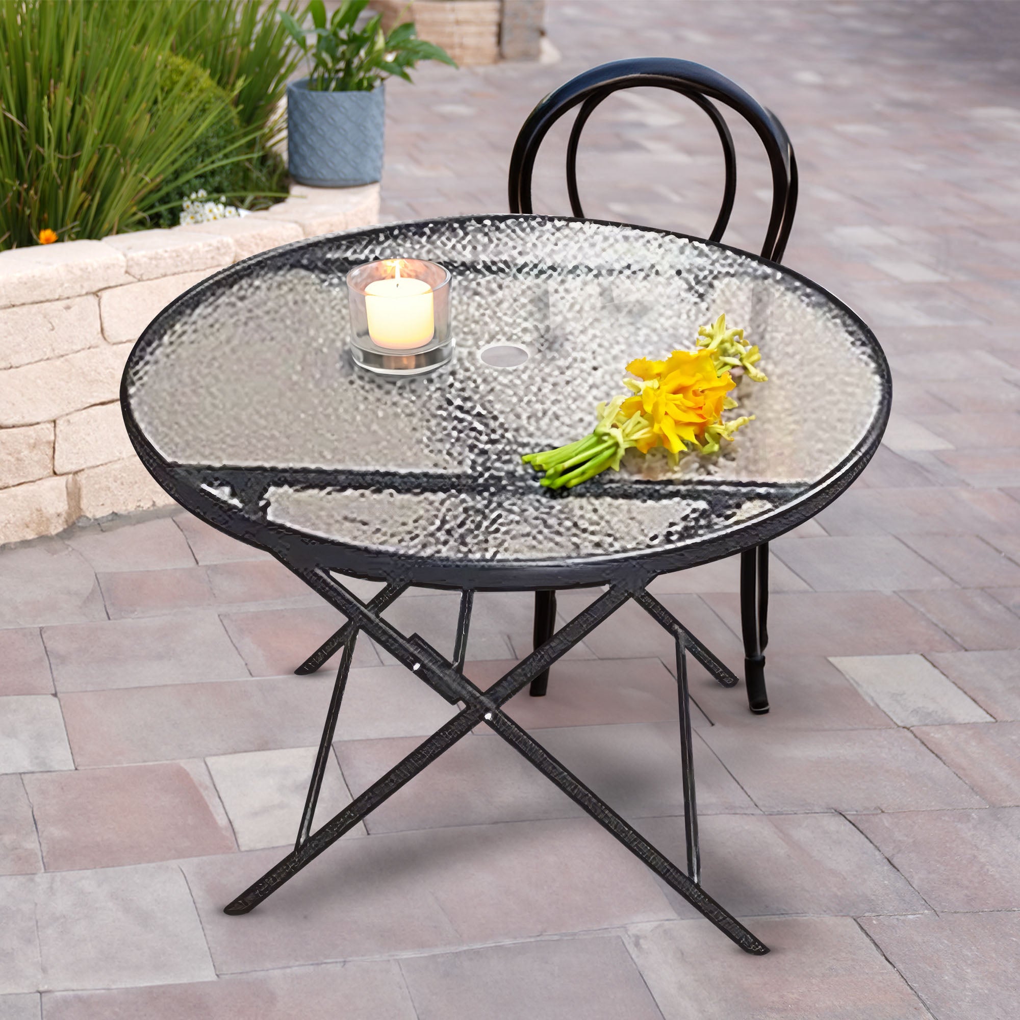 Four Seasons Courtyard Glass Top Dining Table with Umbrella Hole, Black (Used) - VMInnovations