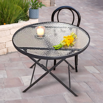 Four Seasons Courtyard Glass Top Dining Table with Umbrella Hole, Black (Used) - VMInnovations