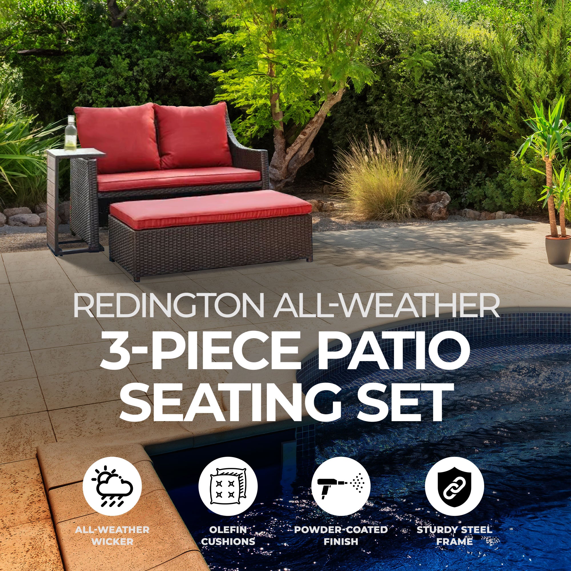 Four Seasons Courtyard Redington All-Weather 3-Piece Patio Seating Set, Red - VMInnovations