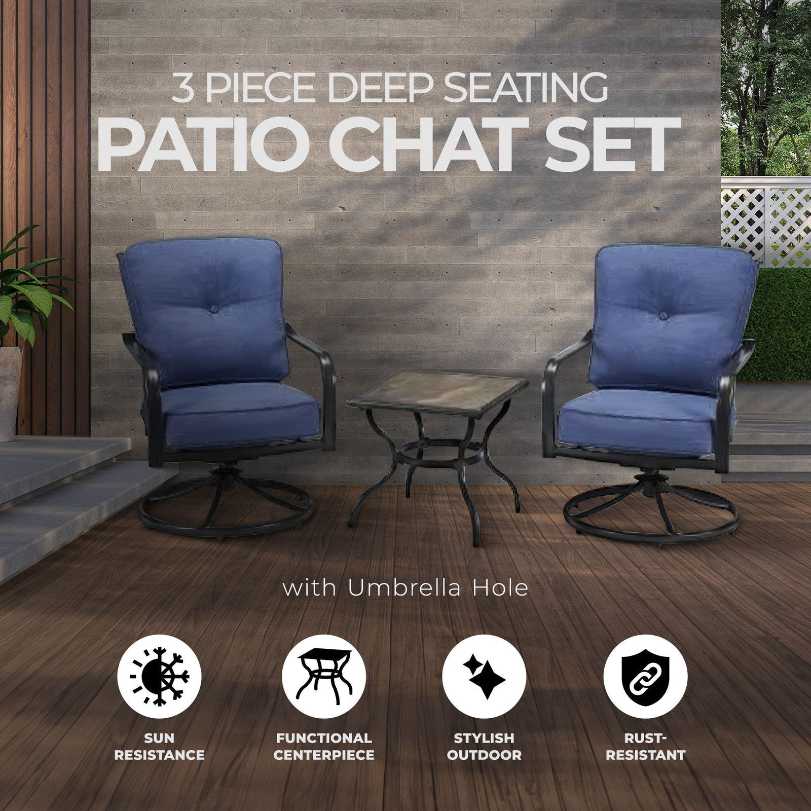 Four Seasons Courtyard Beaumont 3 Piece Patio Chat Set, Denim/Brown (Open Box) - VMInnovations