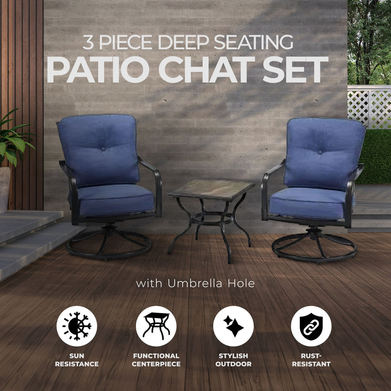 Four Seasons Courtyard Beaumont 3 Piece Deep Seating Patio Chat Set, Denim/Brown