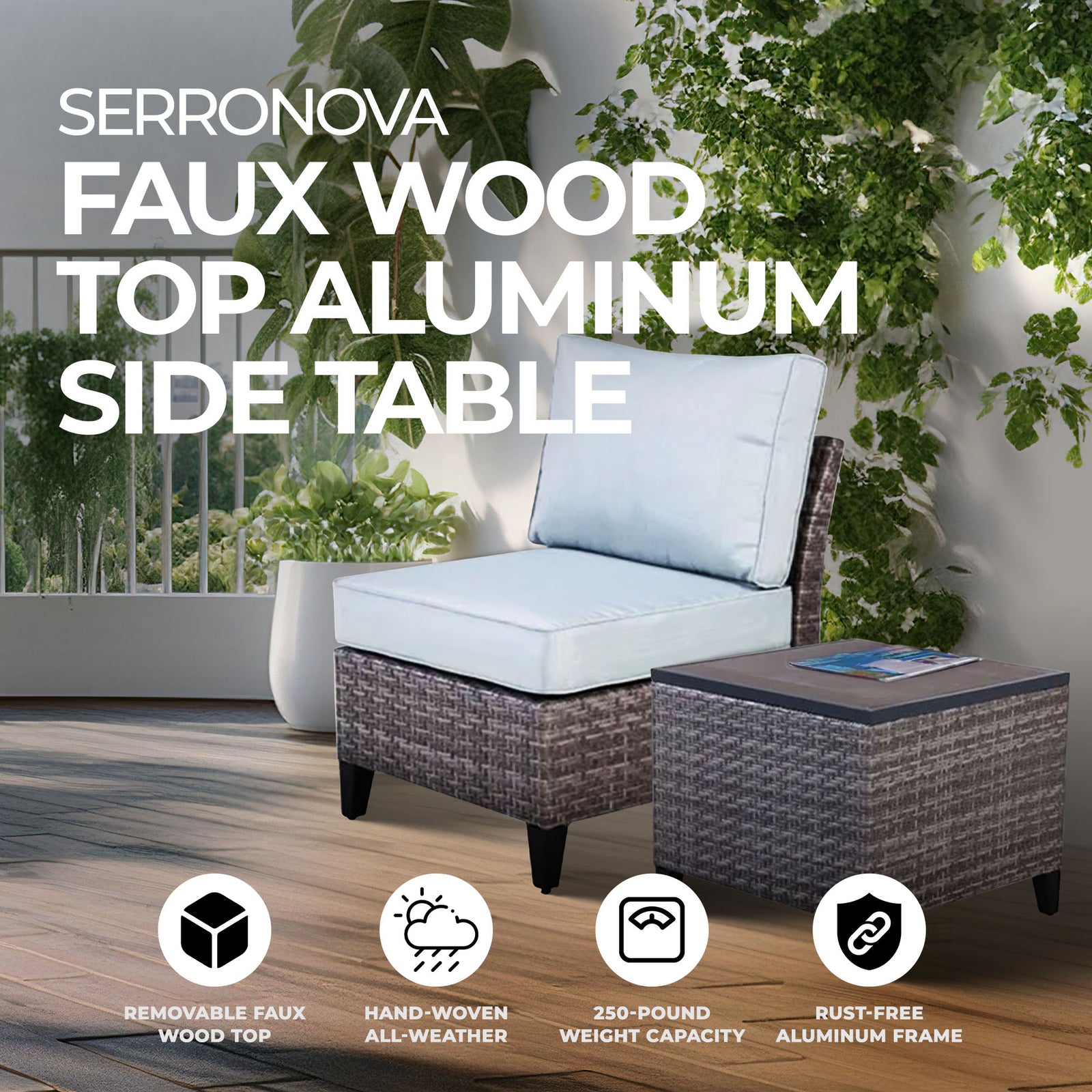 Four Seasons Courtyard Serronova Faux Wood Top Aluminum Side Table, Light Gray - VMInnovations