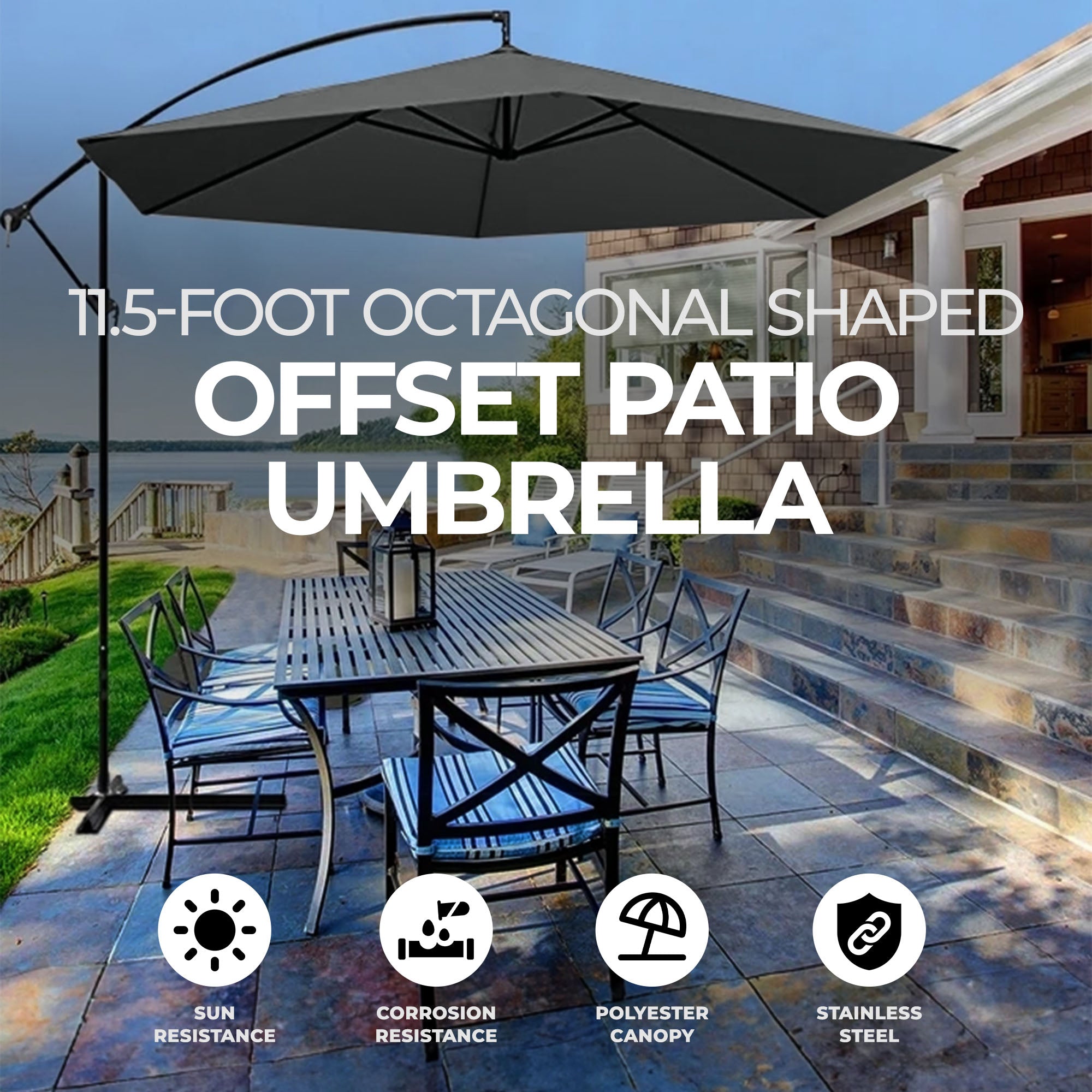 Four Seasons Courtyard 11.5ft Offset Patio Umbrella, Charcoal Gray (Open Box) - VMInnovations
