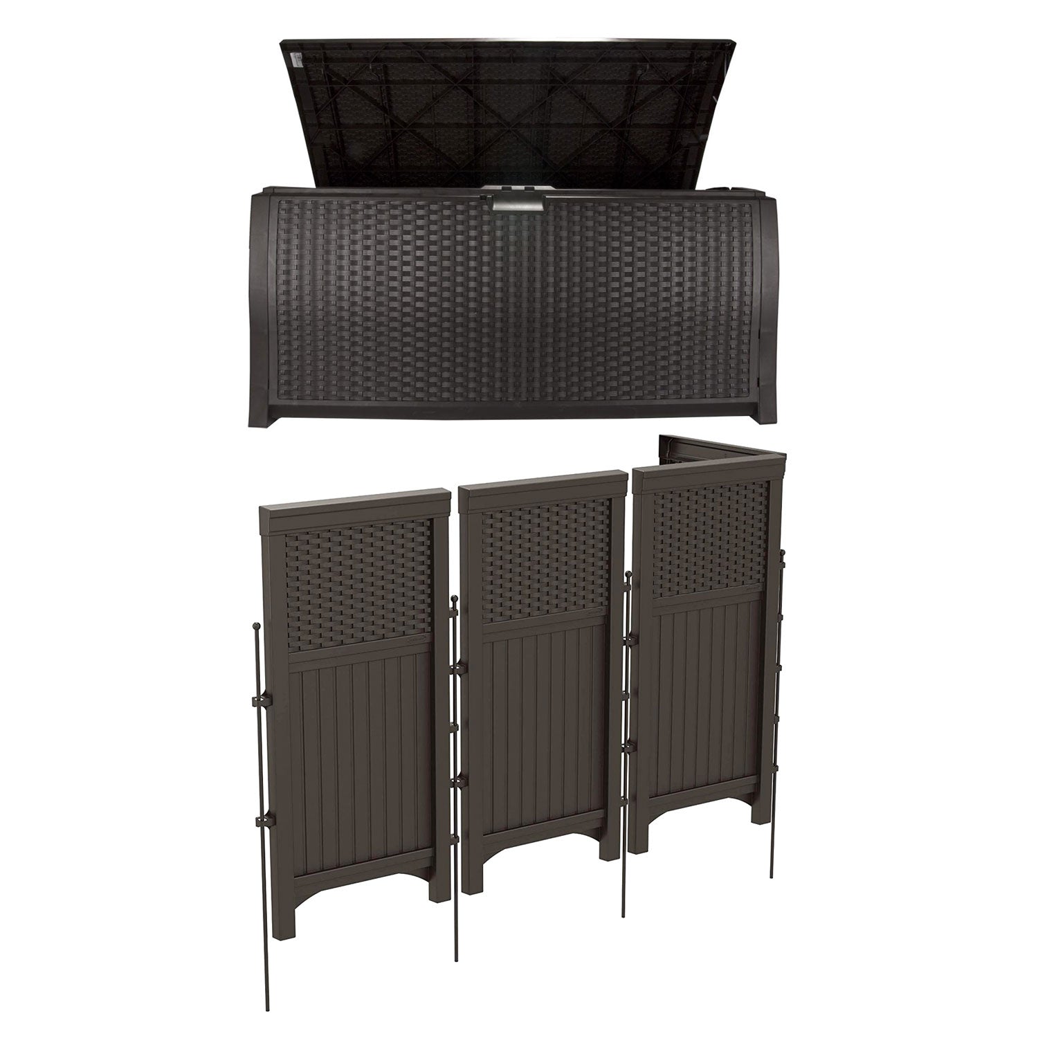 Suncast Backyard Patio Screen Gate w/ Backyard Patio Wicker Resin Storage Box - VMInnovations