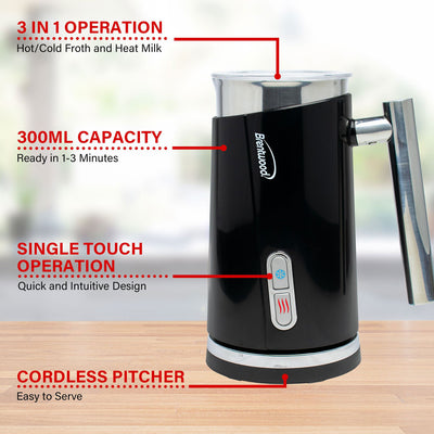 Brentwood GA-301BK 300ml (10oz) Cordless Electric Milk Frother & Warmer, Black