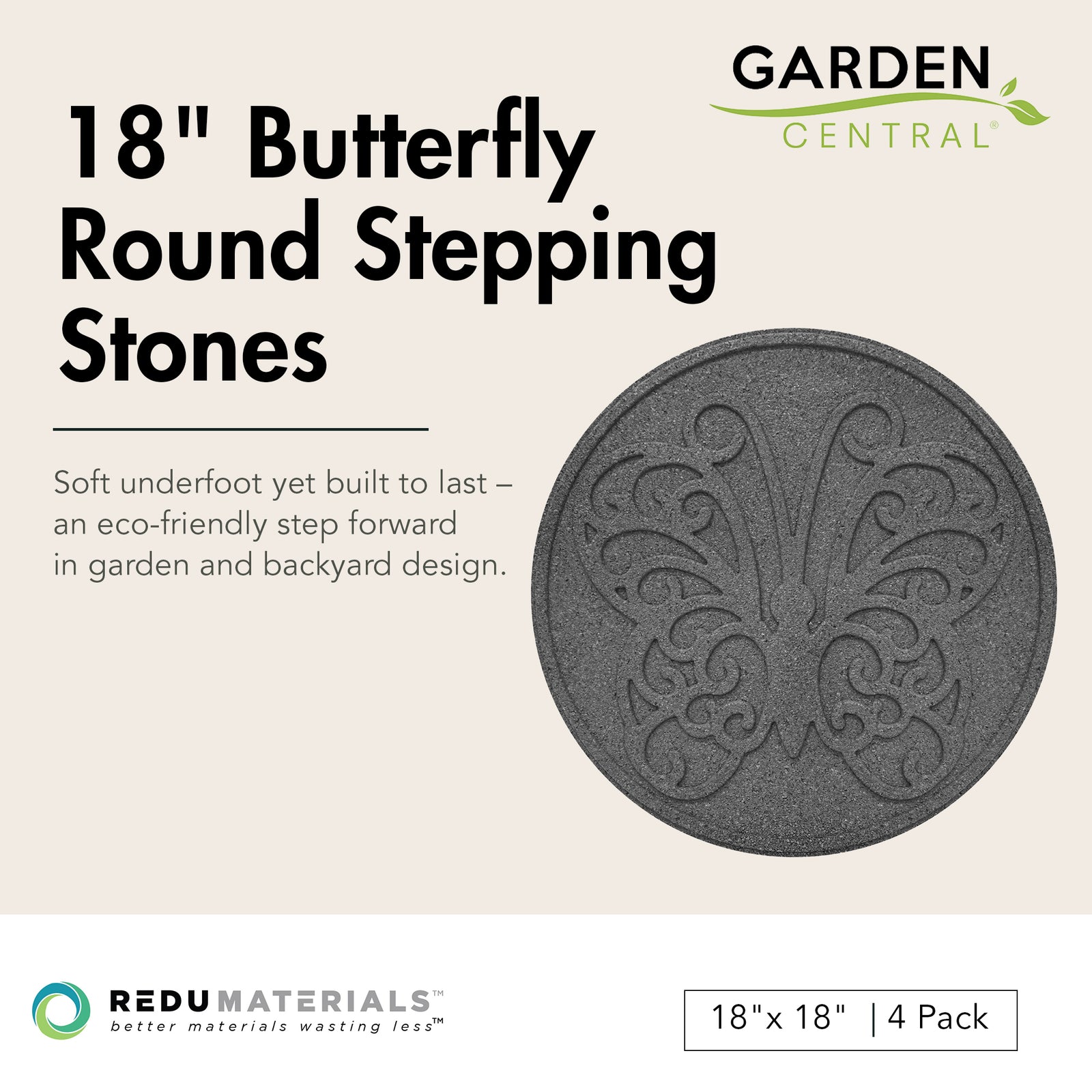 Garden Central 4 Pack 18" x 18" Butterfly Round Decorative Stepping Stones, Grey - VMInnovations