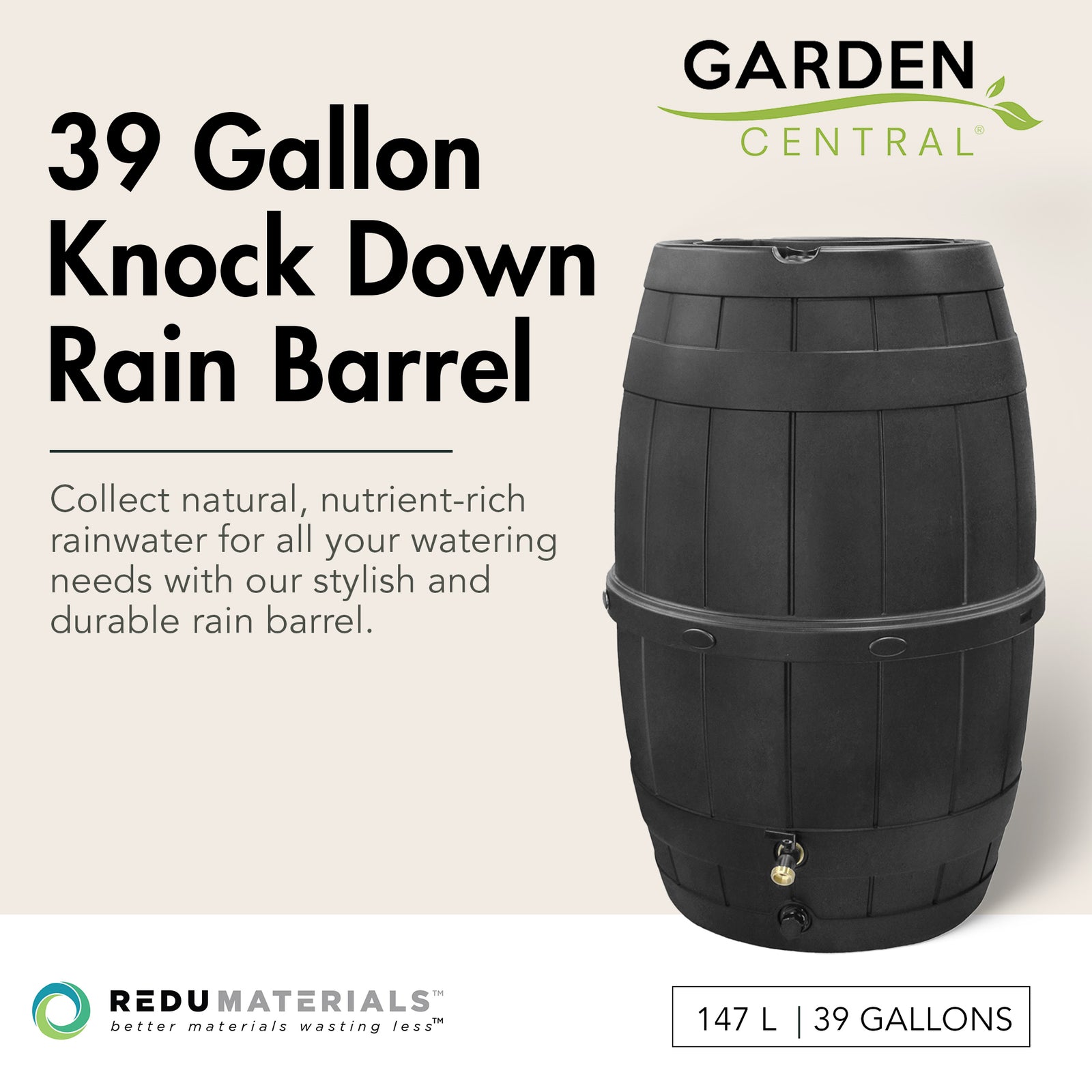 Garden Central Knock Down Rain Barrel w/ Brass Spigot, 39 Gal, Black (Open Box) - VMInnovations