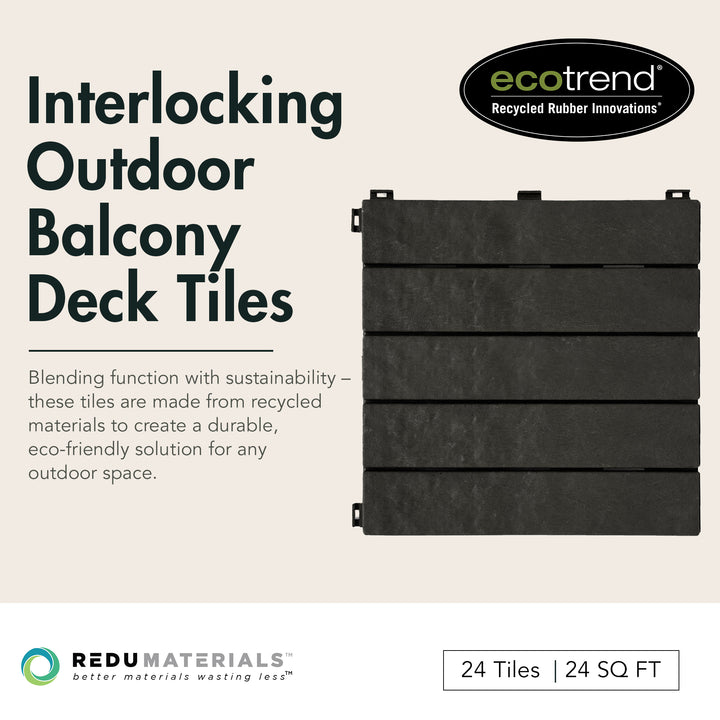 EcoTrend 12"x12" Interlocking Outdoor Balcony Deck Tiles, 24-Pack, Slate Black
