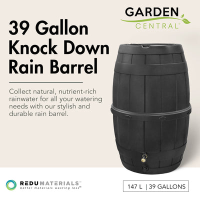 Garden Central Knock Down Rain Barrel w/ Brass Spigot, 39 Gal, Black (Open Box) - VMInnovations