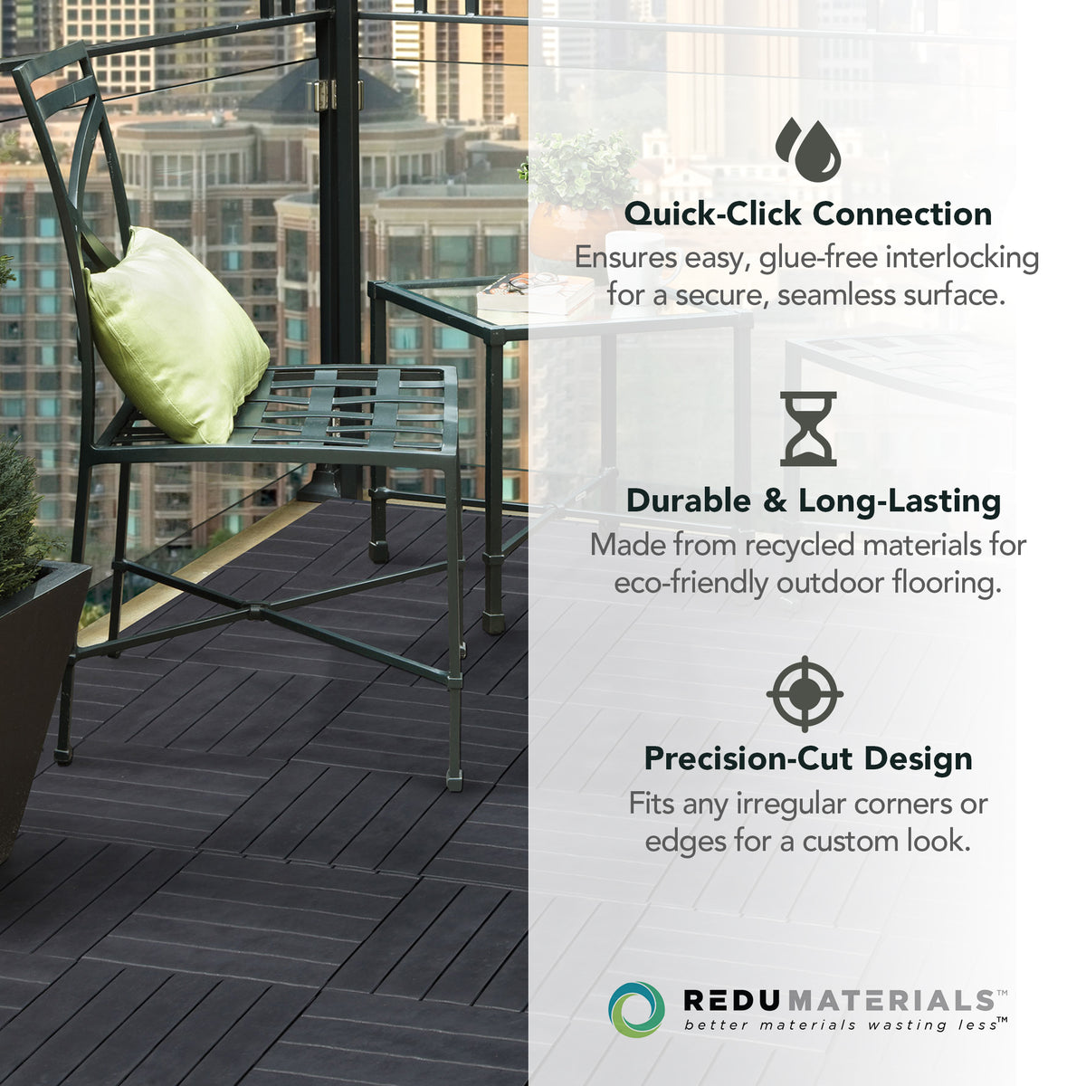 TierraVerde 12x12" Interlocking Outdoor Balcony Deck Tiles, 24-Pack, Slate Black