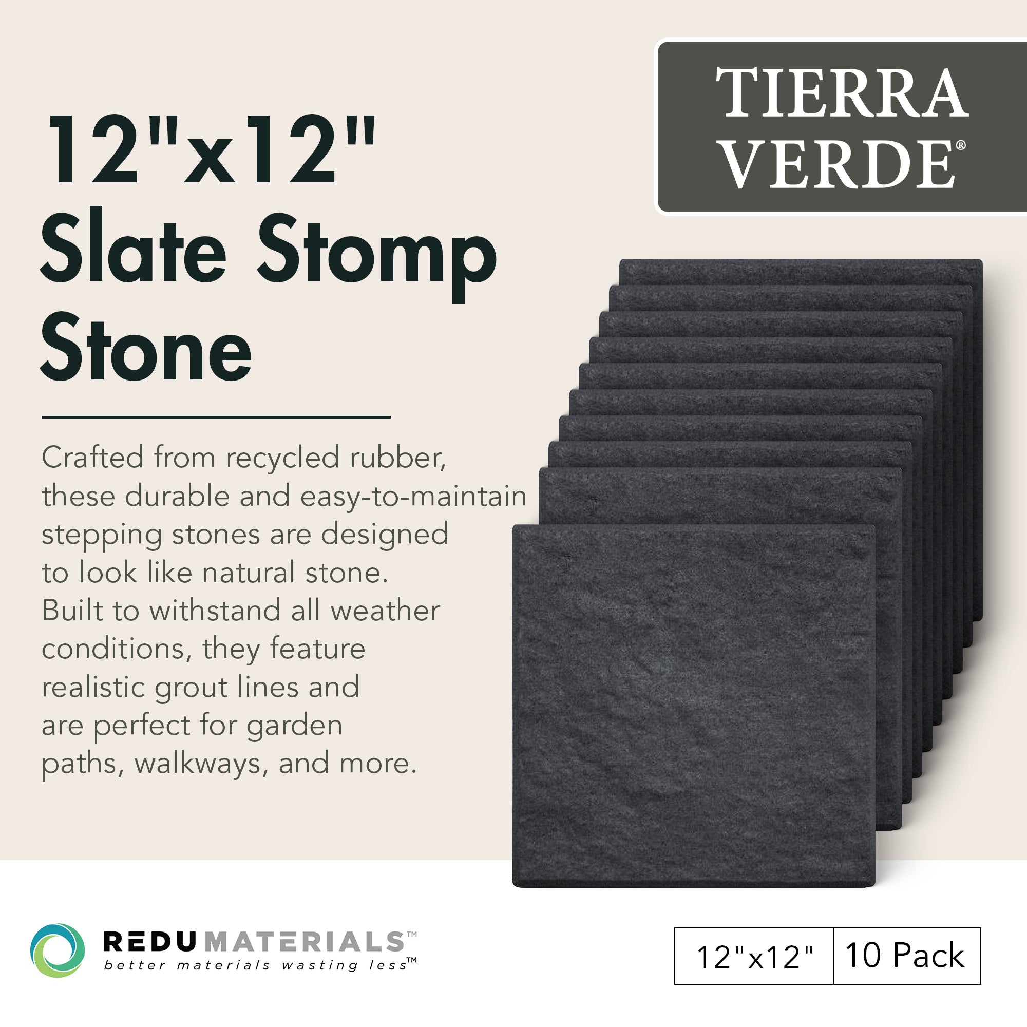TierraVerde 10 Pack 12" x 12" Stomp Stone Decorative Stepping Squares, Blk(Used)