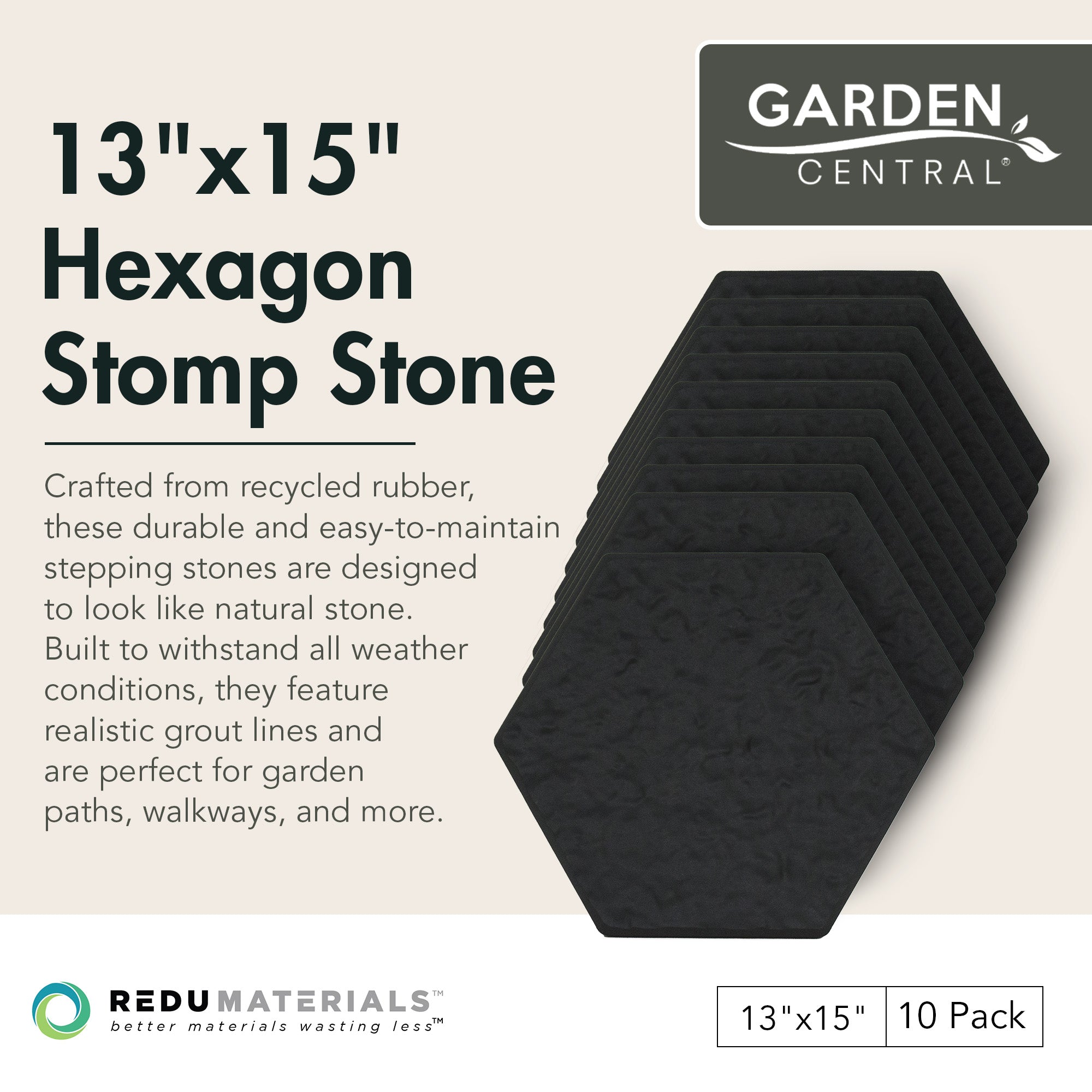 Garden Central 10 Pack 13" x 15" Stomp Hex Decorative Stepping Stones, Black - VMInnovations