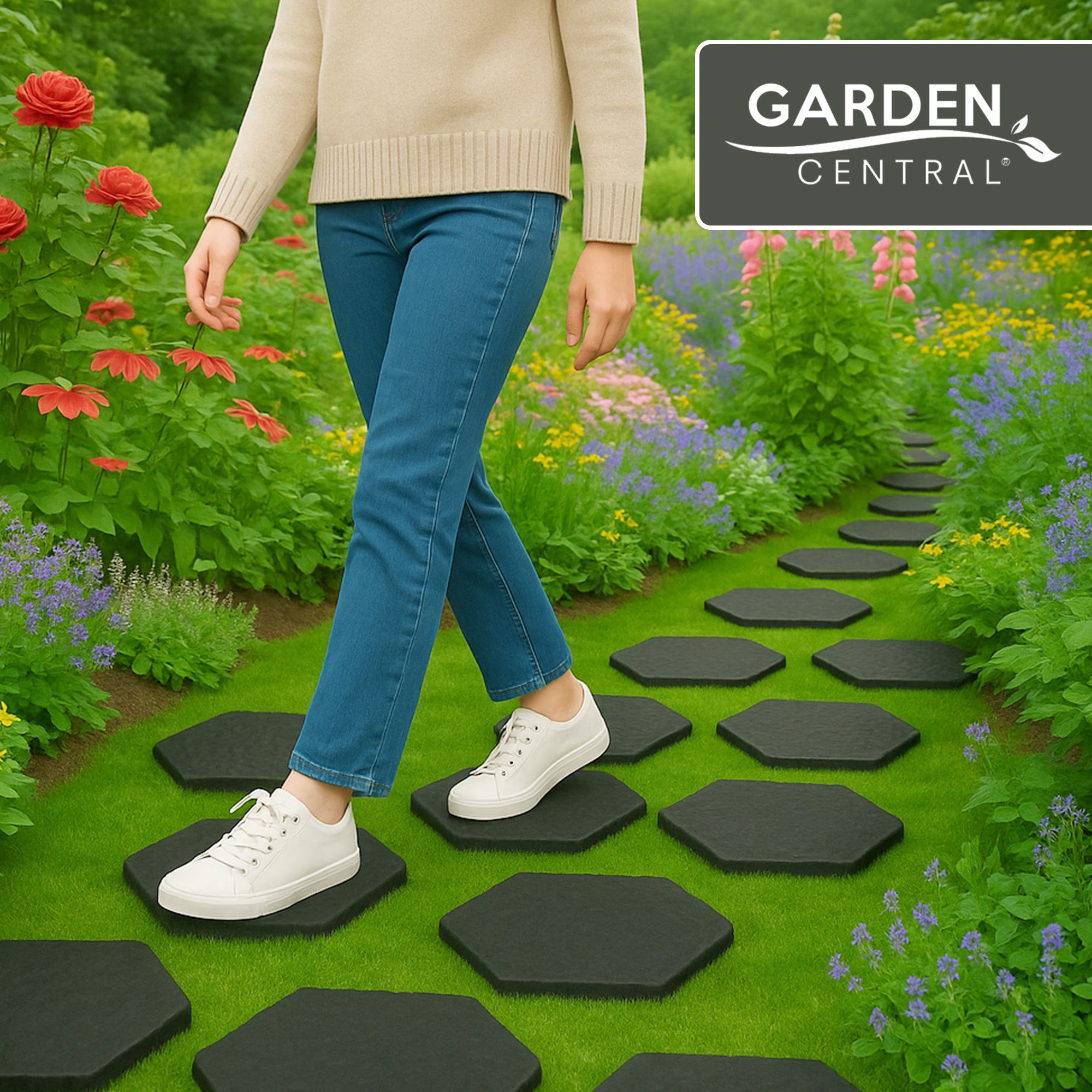 Garden Central 10 Pack 13" x 15" Stomp Hex Decorative Stepping Stones, Black - VMInnovations
