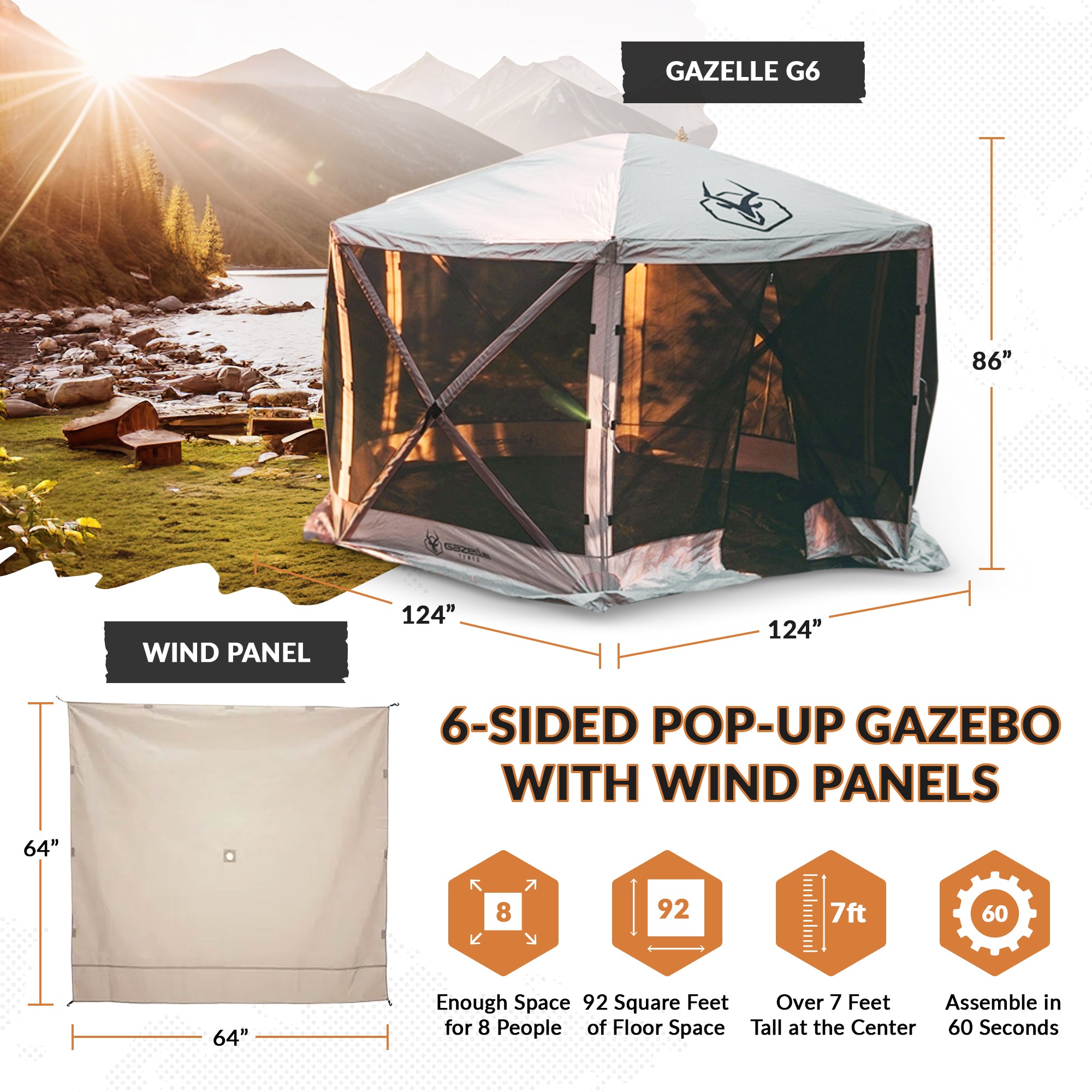 Gazelle Tents G6 8 Person Gazebo and Portable Wind Panels, Desert Sand (3 Pack)