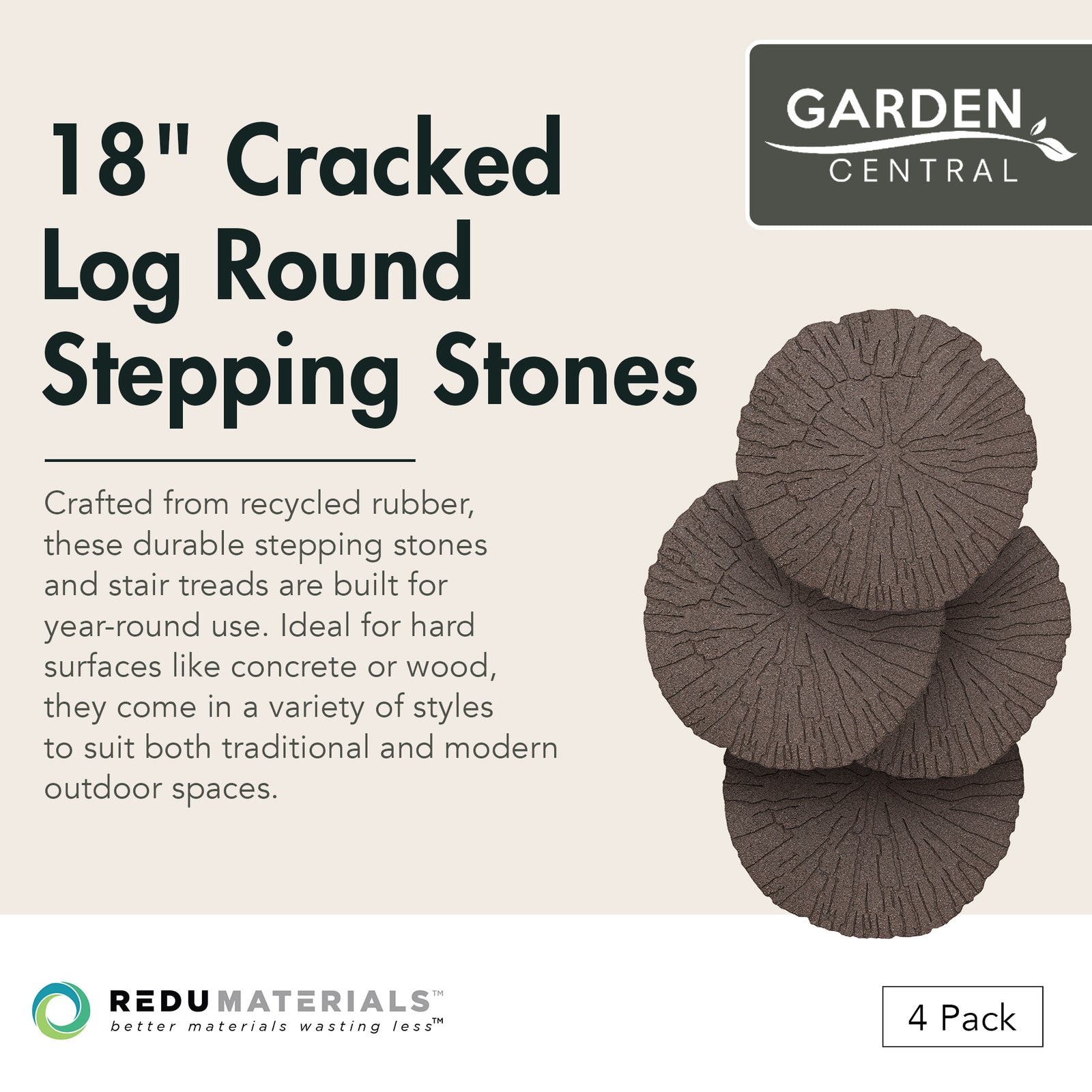 Garden Central 4 Pack 18x18" Cracked Log Round Decorative Stepping Stones, Brown - VMInnovations