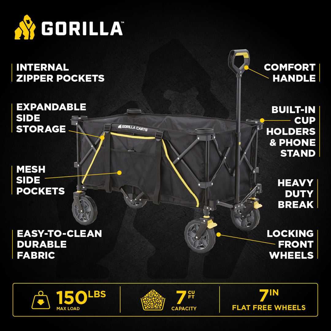 Gorilla Carts 7 Cu Ft Collapsible Outdoor Utility Wagon,Oversize Bed, Black