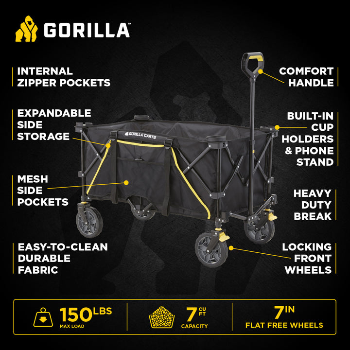 Gorilla Carts 7 Cu Ft Collapsible Outdoor Utility Wagon,Oversize Bed, Black