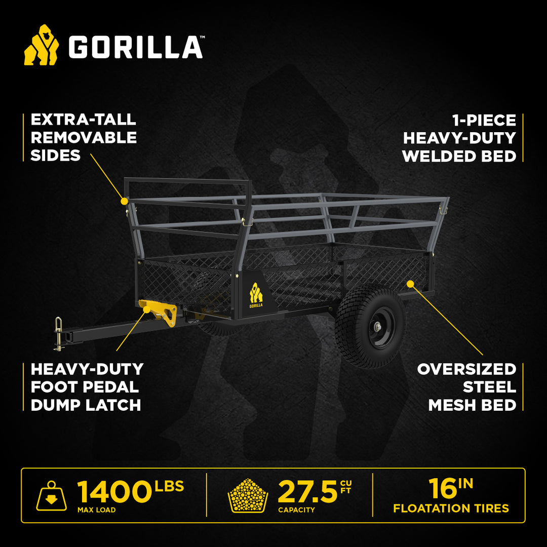 Gorilla 1400lb Steel ATV Trailer Garden Cart w/Removable Sides & 3-in-1 Tailgate - VMInnovations