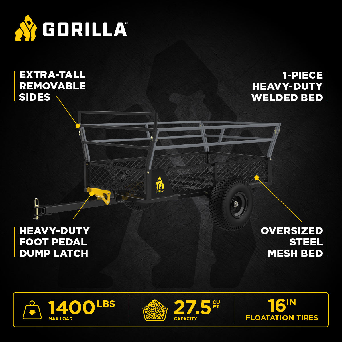 Gorilla 1400lb Steel ATV Trailer Garden Cart w/Removable Sides & 3-in-1 Tailgate - VMInnovations
