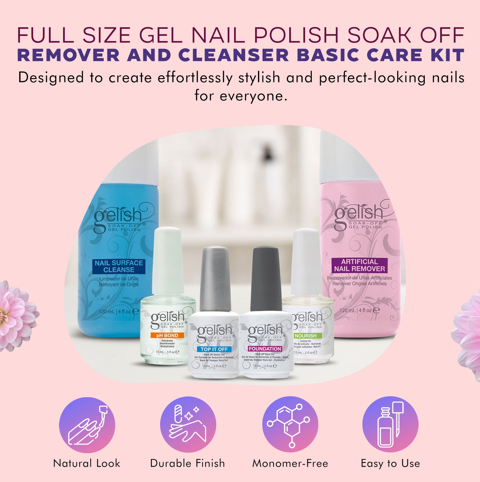 Gelish Full Size Gel Nail Polish Soak Off Remover and Cleanser Basic Care Kit - VMInnovations