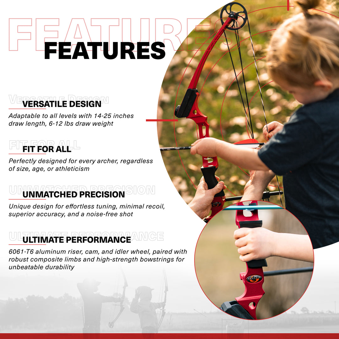 Genesis Mini, Youth Compound Bow and Arrow Kit with Quiver, Draw Hand-Right, Red - VMInnovations