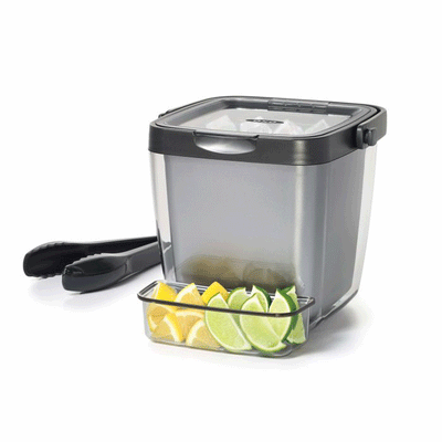 OXO Good Grips 3 Piece Plastic Insulated Ice Bucket Bin w/ Clear Lid & Tong Set