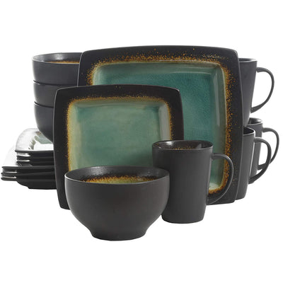 Gibson Elite Ocean Paradise 16Pc Square Glazed Dinnerware Kitchen Dish Set, Jade