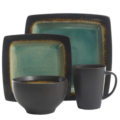 Gibson Elite Ocean Paradise 16Pc Square Glazed Dinnerware Kitchen Dish Set, Jade