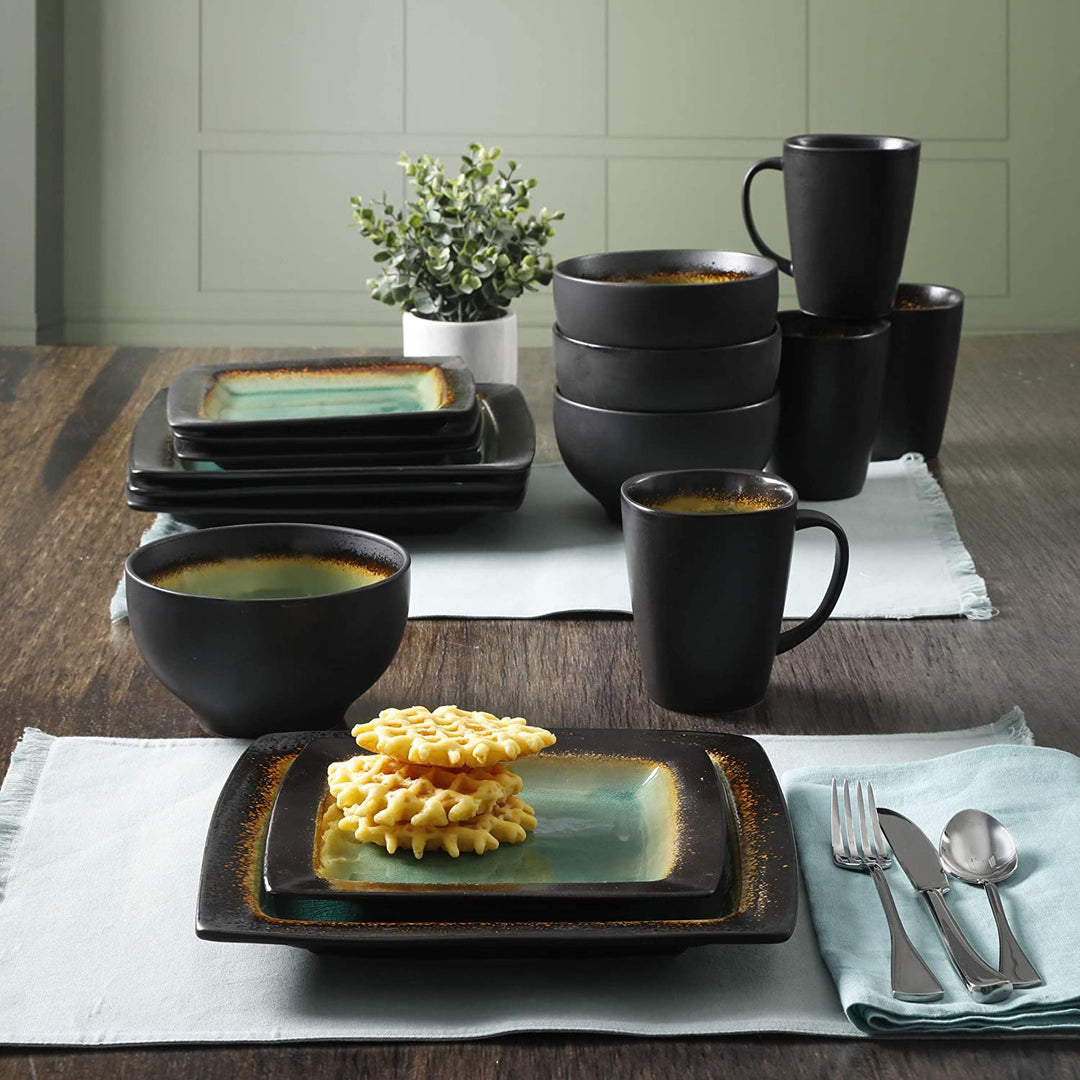 Gibson Elite Ocean Paradise 16Pc Square Glazed Kitchen Dish Set, Jade (2 Pack)