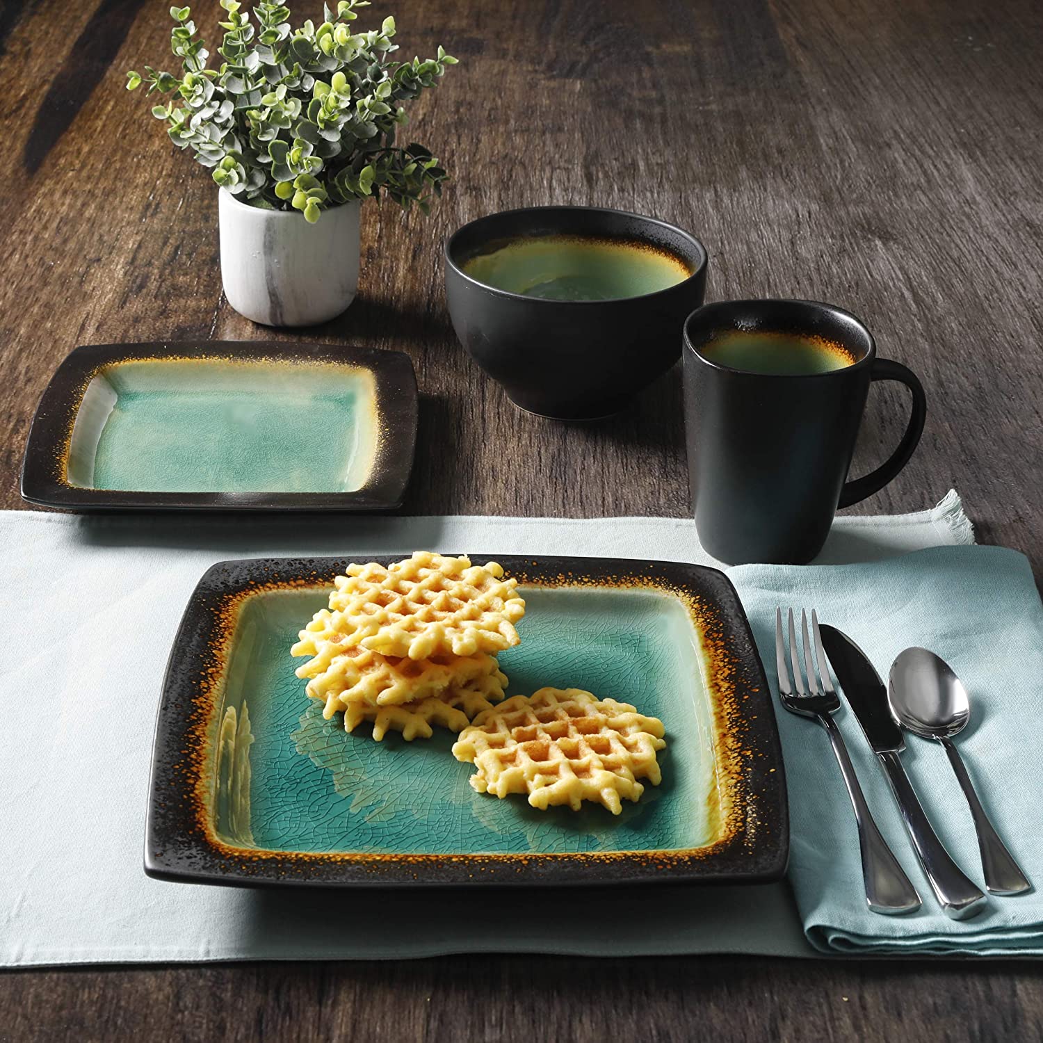 Gibson Elite Ocean Paradise 16Pc Square Glazed Dinnerware Dish Set, Jade (Used) - VMInnovations