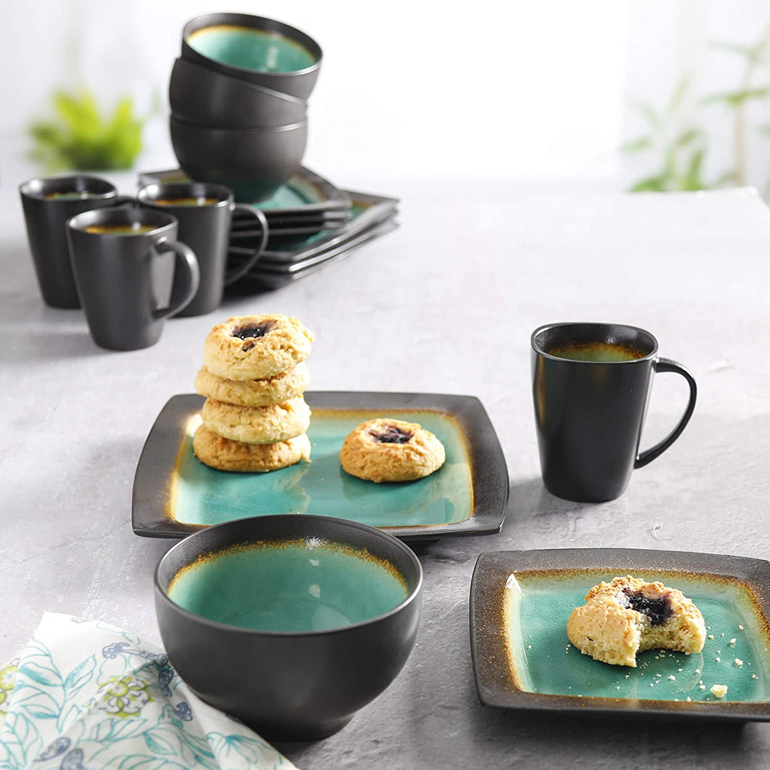 Gibson Elite Ocean Paradise 16Pc Square Glazed Kitchen Dish Set, Jade (2 Pack)