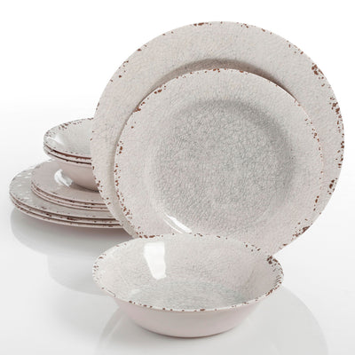 Gibson Studio California Mauna 12-Piece Melamine Dinnerware Set, Ice (Open Box) - VMInnovations
