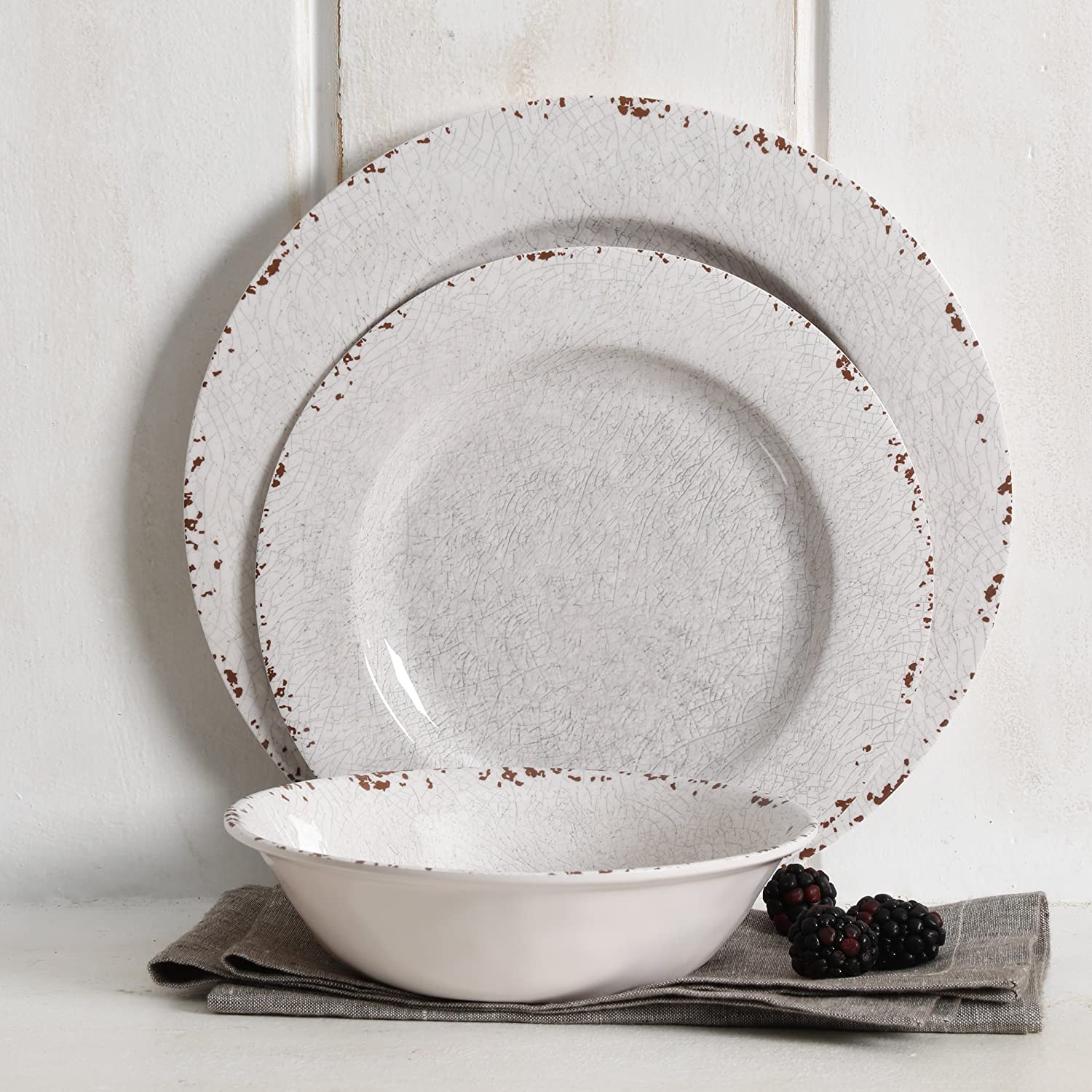 Gibson Studio California Mauna 12-Piece Melamine Dinnerware Set, Ice (Open Box) - VMInnovations