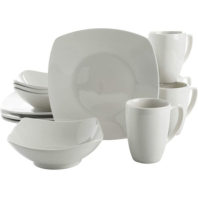 Gibson Zen Buffetware 12 Piece Square Dinnerware Plate, Bowl, & Mug Set, White - VMInnovations