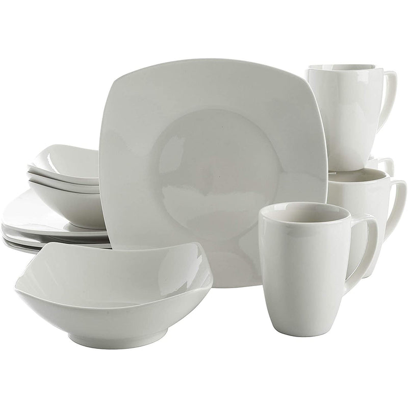 Gibson Zen Buffetware 12 Piece Square Dinnerware Plate, Bowl, & Mug Set, White