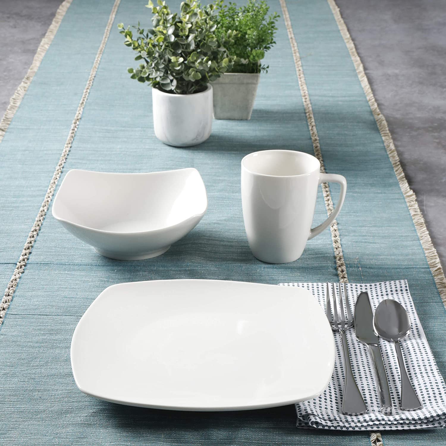 Gibson Zen Buffetware 12 Piece Square Dinnerware Plate, Bowl, & Mug Set, White - VMInnovations