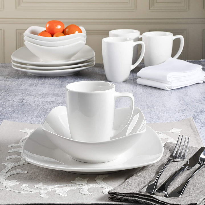 Gibson Zen 12 Piece Square Dinnerware Plate, Bowl, & Mug Set, White (Open Box) - VMInnovations