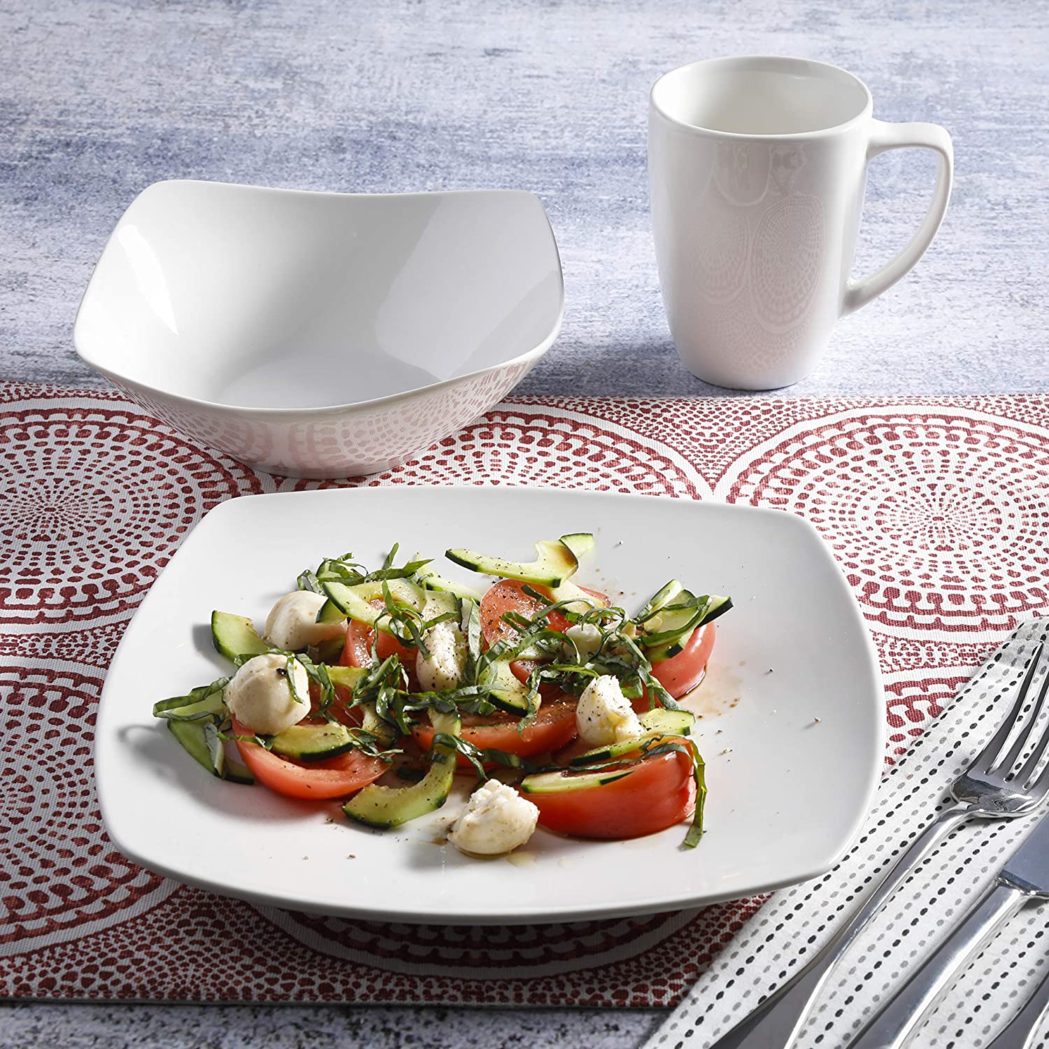 Gibson Zen Buffetware 12 Piece Square Dinnerware Plate, Bowl, & Mug Set, White - VMInnovations