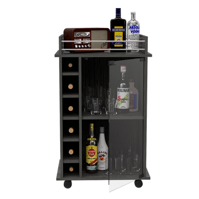 TUHOME Dukat Bar Storage Cabinet Cart for Wine & Liquor w/ Glass Door, Smoky Oak - VMInnovations